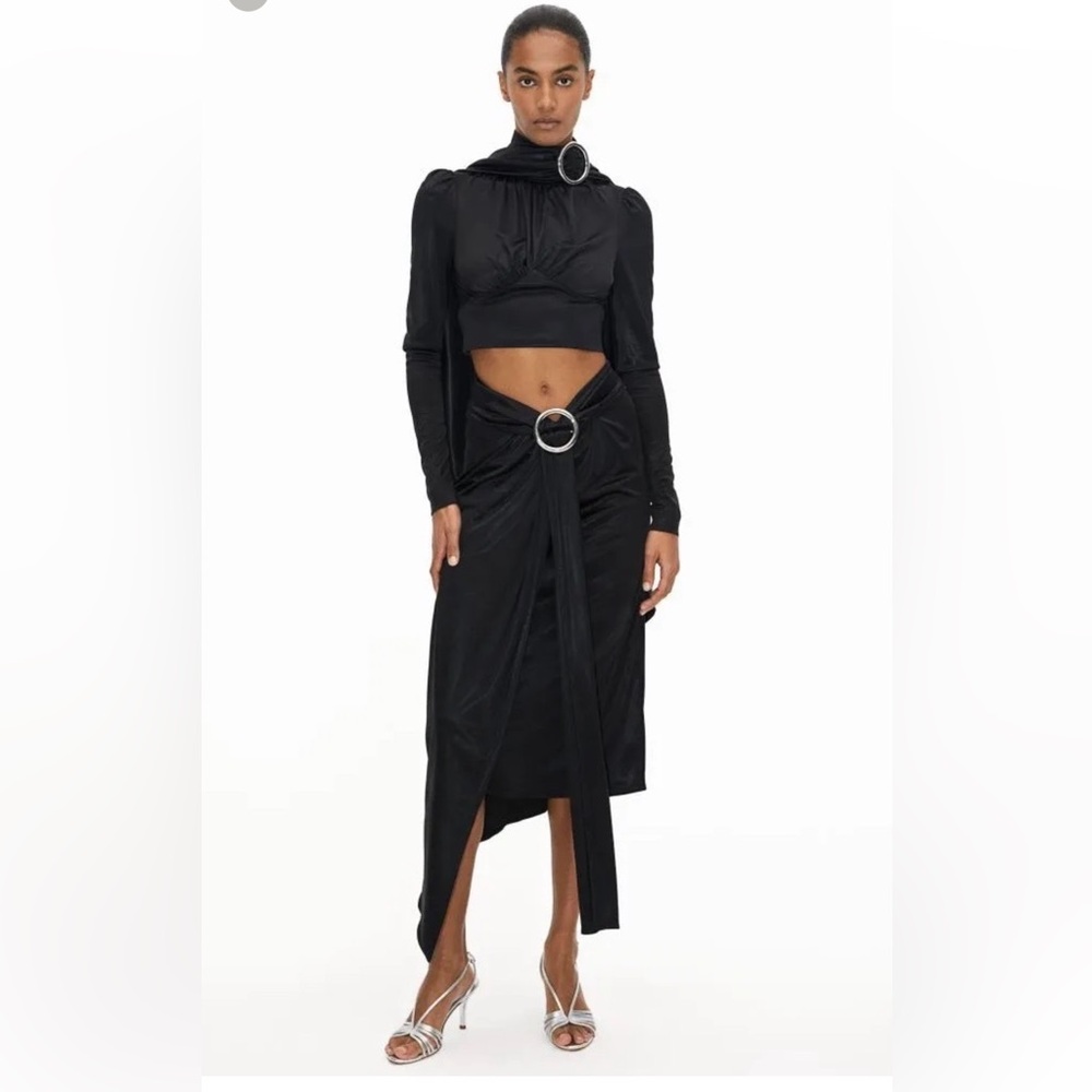 Paco Rabanne Black Asymmetrical Midi Wrap Skirt and top